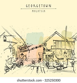 Georgetown, Penang Malaysia Southeast Asia. Narrow street, traditional houses, plants. Vintage poster template. Hand lettered title. Vector