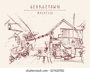 Georgetown, Penang, Malaysia, Southeast Asia. Narrow street, traditional houses, plants. Vintage hand drawn monochromatic  postcard template in vector