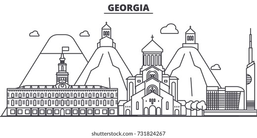 Georgia architecture line skyline illustration. Linear vector cityscape with famous landmarks, city sights, design icons. Landscape wtih editable strokes