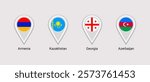 Georgia, Armenia, Kazakhstan, Azerbaijan flags map pins isolated icons vector illustration. Caucasus region states location point. Official symbols stickers signs with state name. markers badges.