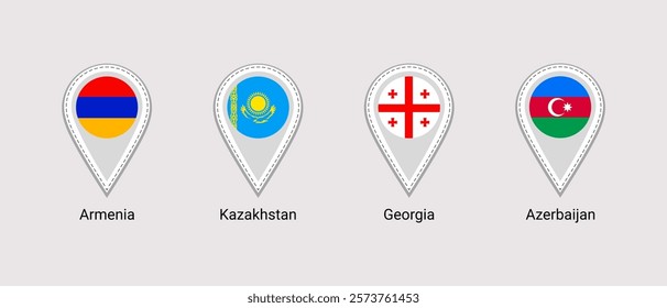 Georgia, Armenia, Kazakhstan, Azerbaijan flags map pins isolated icons vector illustration. Caucasus region states location point. Official symbols stickers signs with state name. markers badges.