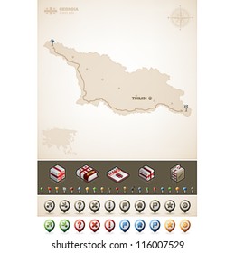 Georgia and Asia maps, plus extra set of isometric icons & cartography symbols set