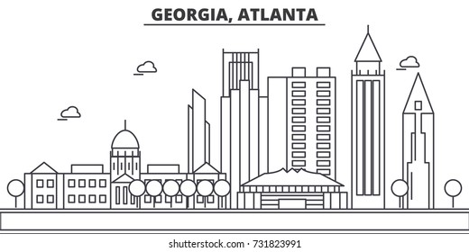 Georgia, Atlanta Architecture Line Skyline Illustration. Linear Vector Cityscape With Famous Landmarks, City Sights, Design Icons. Landscape Wtih Editable Strokes