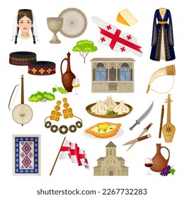 Georgia Attributes with Cathedral, Dagger, Traditional Clothing, Necklace, Musical Instrument, Dish and Flag on Pole Vector Set