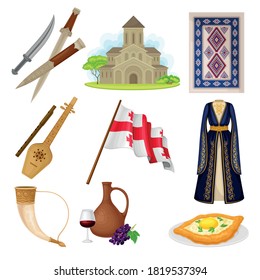 Georgia Attributes with Cathedral and Flag on Pole Vector Set