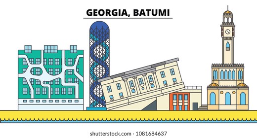 Georgia, Batumi. City skyline, architecture, buildings, streets, silhouette, landscape, panorama, landmarks. Editable strokes. Flat design line vector illustration concept. Isolated icons