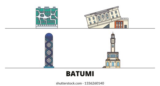 Georgia, Batumi flat landmarks vector illustration. Georgia, Batumi line city with famous travel sights, skyline, design. 