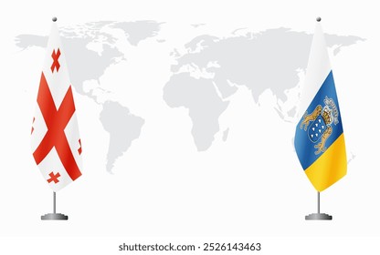 Bandeiras da Geórgia e das Ilhas Canárias para reunião oficial em segundo plano do mapa do mundo.