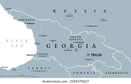 Georgia with capital Tbilisi, gray political map. Country in Eastern Europe and West Asia, part of Caucasus region. With autonomous republics Abkhazia and Adjara, and independent region South Ossetia.