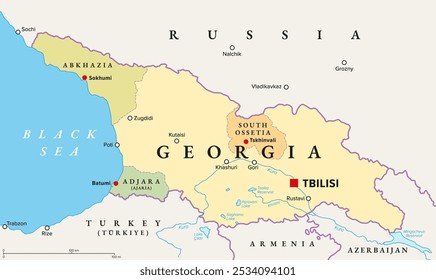 Georgia with capital Tbilisi, political map. Country in Eastern Europe and West Asia, part of Caucasus region. With autonomous republics of Abkhazia and Adjara, and independent region South Ossetia.