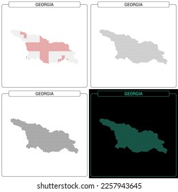 Mapa de puntos de ladrillo mosaico circular de Georgia, conjunto de colores de bandera nacional, frontera de país de silueta negra aislada en fondo blanco, ilustración de vector geográfico