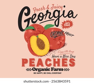 Georgia city print. Peach art. Summer food poster design. Peach fruit set. Fresh fruit print. Nature fruit club print design. Organic food artwork for for t-shirt. Fruit vintage t-shirt design.