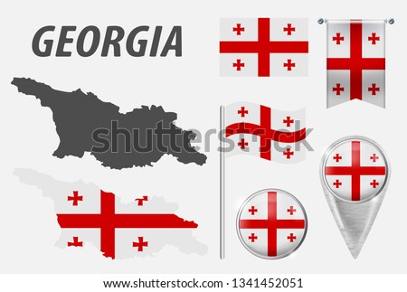 Georgia. Collection of symbols in colors national flag on various objects isolated on white background. Flag, pointer, button, waving and hanging flag, detailed outline map and country inside flag.