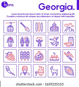 Georgia color linear icon set. Georgian culture, food and traditions. Including Georgians highlander, khinkali, khachapuri, wine, horn, dagger, clothes, dance and more