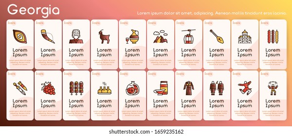 Georgia color linear icon set. Georgian culture, food and traditions. Including Georgians highlander, khinkali, khachapuri, wine, horn, dagger, clothes, dance and more