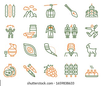 Georgia color linear icon set. Georgian culture, food and traditions. Including Georgians highlander, khinkali, khachapuri, wine, horn, dagger, clothes, dance and more