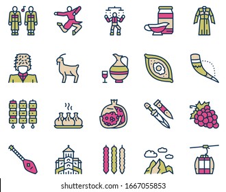 Georgia color linear icon set. Georgian culture, food and traditions. Including Georgians highlander, khinkali, khachapuri, wine, horn, dagger, clothes, dance and more