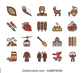 Georgia color linear icon set. Georgian culture, food and traditions. Including Georgians highlander, khinkali, khachapuri, wine, horn, dagger, clothes, dance and more