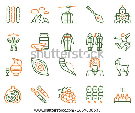 Georgia color linear icon set. Georgian culture, food and traditions. Including Georgians highlander, khinkali, khachapuri, wine, horn, dagger, clothes, dance and more