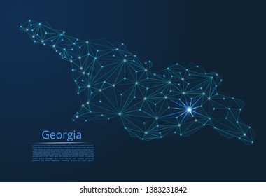 Georgia communication network map. Vector low poly image of a global map with lights in the form of cities in or population density consisting of points and shapes in the form of stars and space.