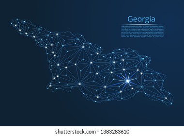 Georgia communication network map. Vector low poly image of a global map with lights in the form of cities in or population density consisting of points and shapes in the form of stars and space.