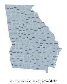 Georgia counties, mapa político cinza. Estado na região sudeste dos Estados Unidos, subdividido em 159 condados. Apelidado de Estado de Peach, e Estado do Império do Sul. Mapa com nomes de regiões.