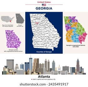 Georgia counties map and congressional districts since 2023 map. Atlanta skyline (state's capital and most populous city). Vector set