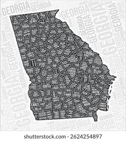 Os condados de Georgia mapeiam a nuvem de palavras. Nomes das regiões da Geórgia. Design de mapa em preto e branco. Ilustração do vetor de tendências.