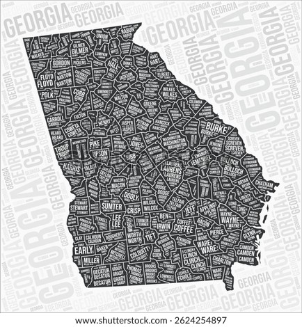 Georgia counties map word cloud. Georgia region names. Black and white map design. Trending vector illustration.
