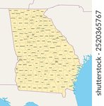 Georgia counties, political map. State in the Southeastern region of the United States, subdivided into 159 counties. Nicknamed Peach State, and Empire State of the South. Map with county names.