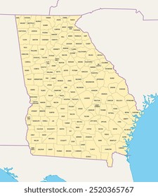 Georgia counties, political map. State in the Southeastern region of the United States, subdivided into 159 counties. Nicknamed Peach State, and Empire State of the South. Map with county names.