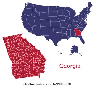 Georgia counties vector map with USA map colors national flag