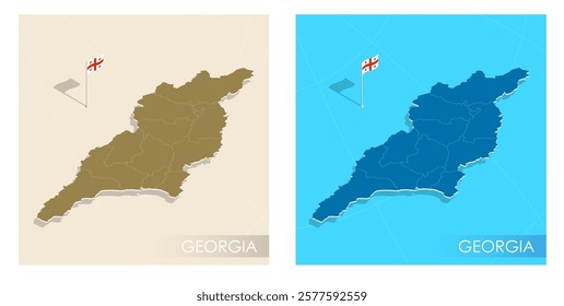 Georgia country flag installed on geographic positioning map point of country territory. Georgian commonwealth banner on land and sea. Festive patriotic HD format template for independence day