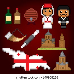 Georgia country icons set. Pixel art. Old school computer graphic style. Games elements.