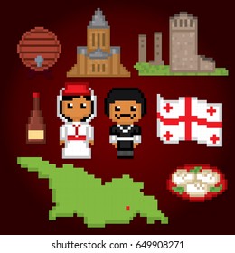 Georgia country icons set. Pixel art. Old school computer graphic style. Games elements.