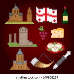Georgia country icons set. Pixel art. Old school computer graphic style. Games elements.