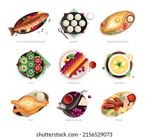 Georgia cuisine set of isolated round compositions with top views of traditional georgian dishes with text vector illustration