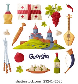 Georgia Cultural Symbol and Country Attribute with Flag and Church Vector Set