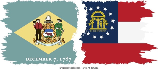 Georgia and Delaware states grunge brush flags connection, vector