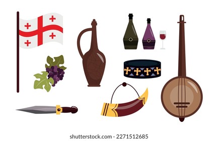 Georgia equipment set isolated on white background. Vector illustration of Georgian flag, grapes, bottles and glass with wine, jug, dagger, wine horn, pandura, hat in cartoon style.