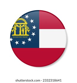Icono del botón del círculo de la bandera georgiana, insignia de la ronda del estado estadounidense con sombra. Ilustración vectorial 3D realista aislada en blanco.
