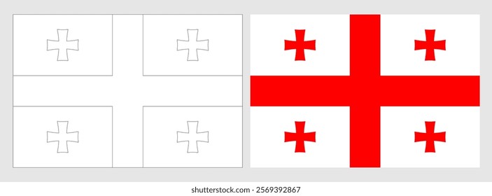 Georgia flag - coloring page. Set of white wireframe thin black outline flag and original colored flag.