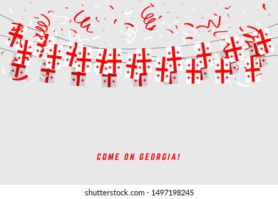 Georgia flag with confetti on white background, Hang bunting for Georgia celebration template banner.