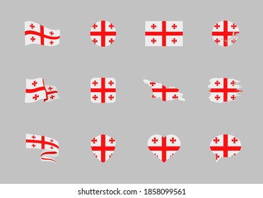 Georgia flag - flat collection. Flags of different shaped twelve flat icons. Vector illustration set