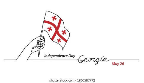 Georgia flag with hand. Independence day vector banner, background, poster. One continuous line drawing illustration with lettering Georgia.