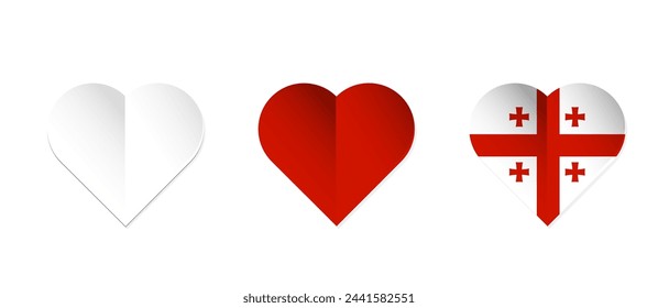 Bandera de Georgia en forma de corazón. Conjunto de corazones con colores de la bandera georgiana. Ilustración vectorial aislada sobre fondo blanco.