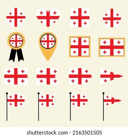 Georgia flag icon set in 16 shape versions. Collection of Georgia flag icons with square, circle, heart, triangle, medal, stamp and location shapes.