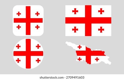Georgia Flag Icon Set in Square, Round, and Map Shapes. Clean Modern Collection. Perfect for use in apps, websites, presentations, infographics, educational materials, travel content.	