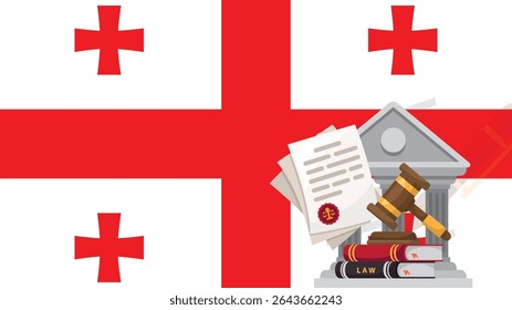 Georgia flag with judge gavel, corruption or injustice concept, public outrage in Georgia, international decision idea, law or legal result, civil court judgment, news banner