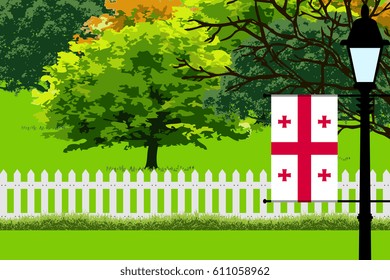 Georgia Flag, Landscape of Park, Trees, Fence wooden and Street light Illustration 